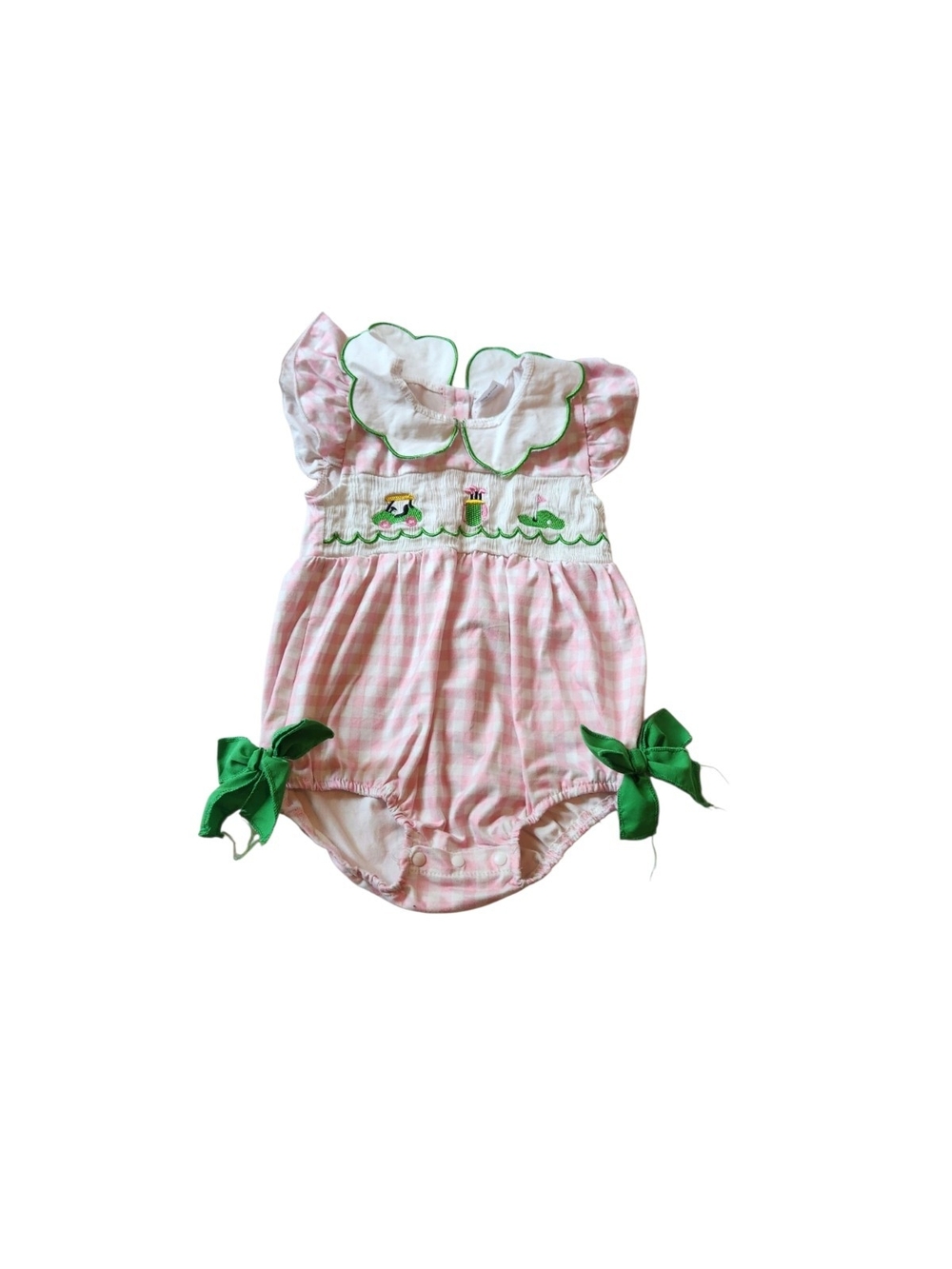 The Smocked Flamingo Pink Gingham Golf Bubble Pink & White Baby 12-18M